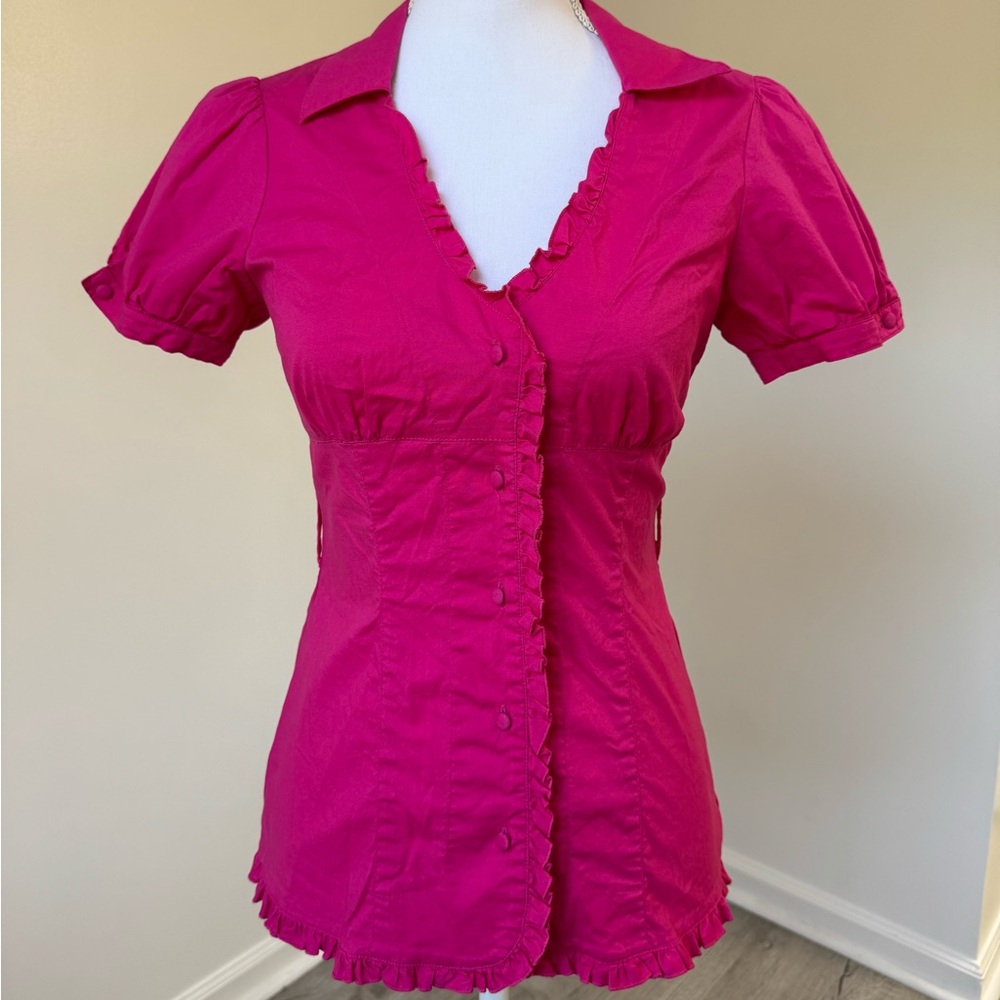 F.A.N.G Hot Pink Ruffle Puff Sleeve Button‎ Down Blouse Top Women’s Small